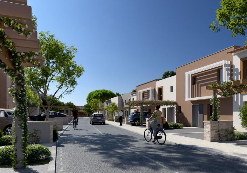 Perspective 3D des maisons individuelles du programme immobilier Via Domitia à Codognan, avec pergolas végétalisées